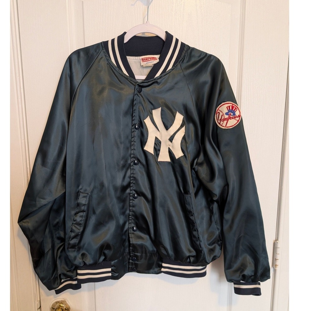 Vintage NY Yankees Bomber Jacket Satin Navy Blue Mens XL Hartwell